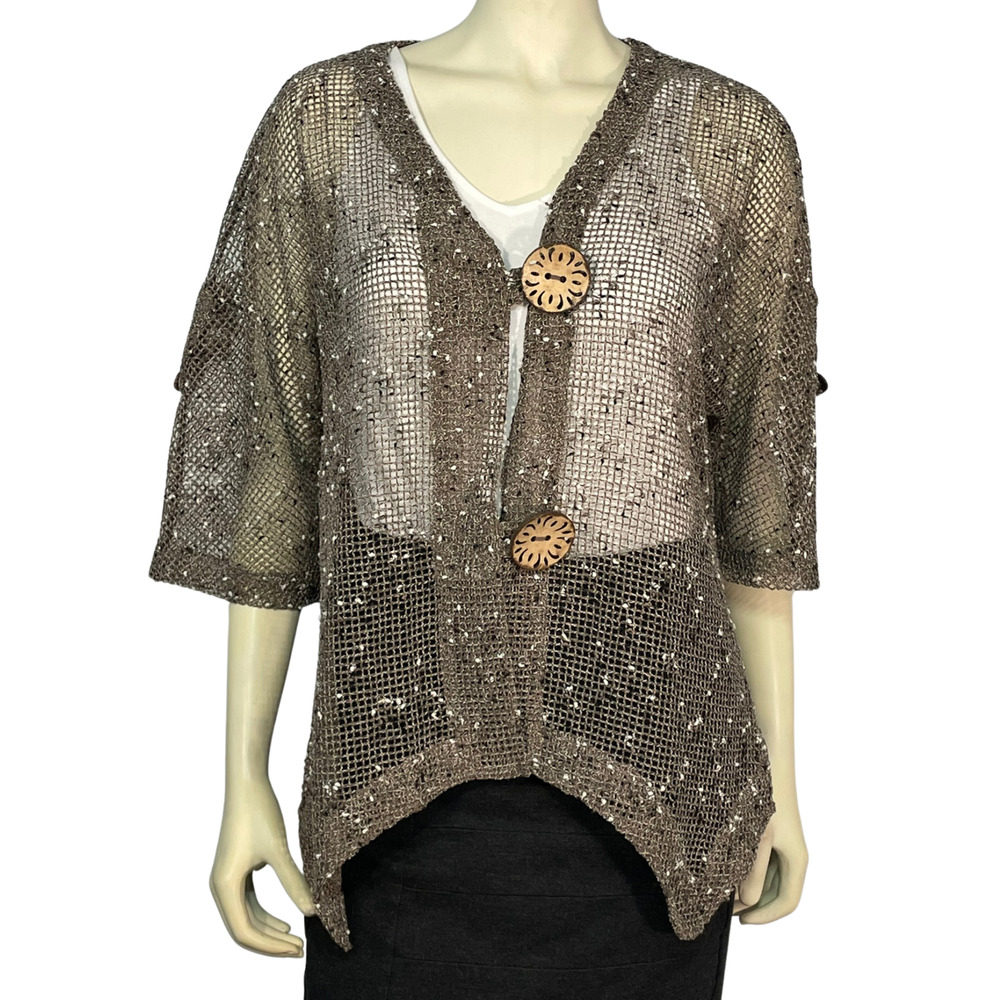 Lulu B Sz M Mesh Knit Cardigan Large Wood Buttons Angled Hemline Lagenlook Brown